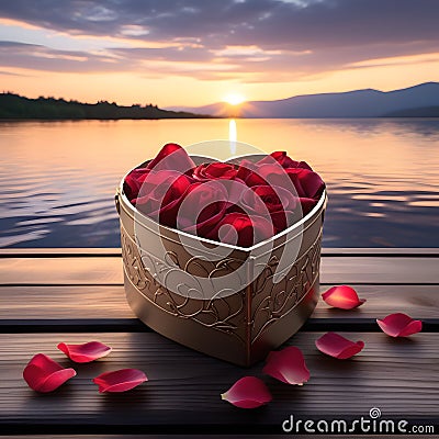 Heart shaped box with rose flowers inside surrounded by rose petals on wooden berth floor Stock Photo