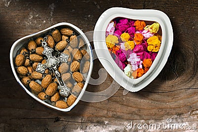 Heart Shaped Box with Silver Crucifix Stock Photo