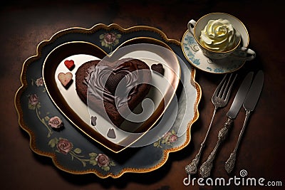 heart-shaped brownie on a plate, surrounded by other desserts Stock Photo