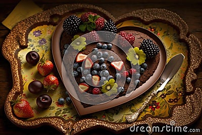 heart-shaped brownie on platter with colorful fruit and decorations Stock Photo