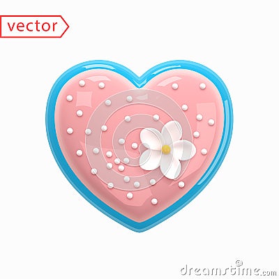 Heart shaped cake. Realistic cookie. Love concept, Happy Valentine`s Day. Pink cookies with blue edging and decorative white dais Vector Illustration