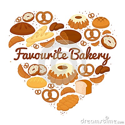 Heart shaped cakes sweets and bread badge Vector Illustration