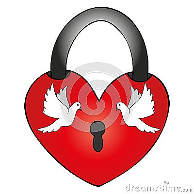 Two white doves in the lock in the form of a heart. Vector illustration. The bond of marriage. Isolated background. Vector Illustration