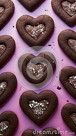 Heart shaped chocolate cookies filled with creamy delight, perfect for sharing Stock Photo