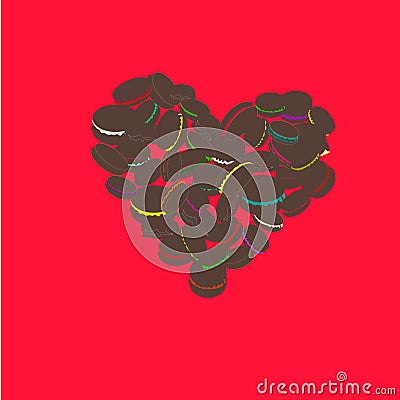 heart shaped chocolate macarons on raspberry background Vector Illustration