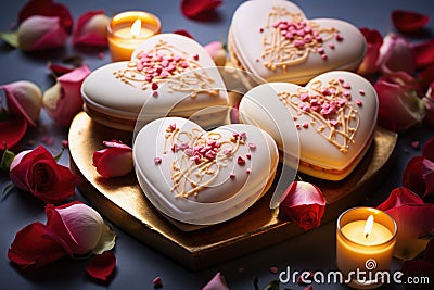 Heart-shaped cream cakes for valentine's day on a festive table with candles and flowers Stock Photo