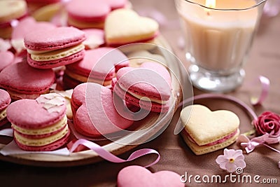 Heart-shaped cream cakes for valentine's day on a festive table with candles and flowers Stock Photo