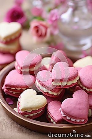 Heart-shaped cream cakes for valentine's day on a festive table with candles and flowers Stock Photo