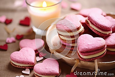 Heart-shaped cream cakes for valentine's day on a festive table with candles and flowers Stock Photo