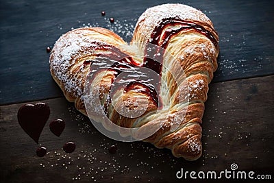 heart-shaped croissant filled with strawberry or blackberry jam Stock Photo