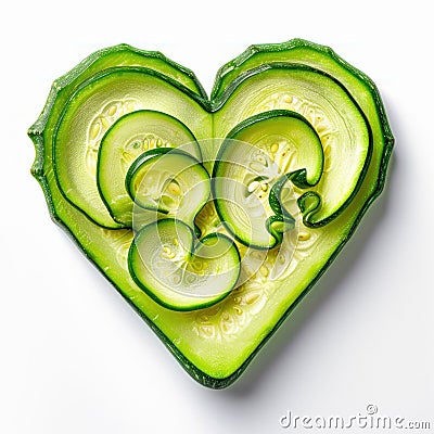 Heart-Shaped Cucumber Slices on White Background. Generative ai Cartoon Illustration