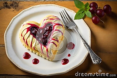 heart-shaped danish pastry with a tart cherry filling on a white plate Stock Photo