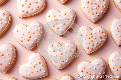 Heart shaped delicious glazed cookies, pink pastel background, top view. Stock Photo
