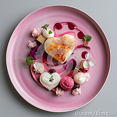 A heart-shaped dessert sits elegantly on a pastel pink plate, embellished with edible flowers, swirls of sauce, and Stock Photo