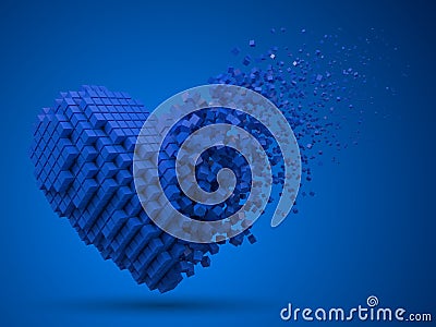 Heart shaped, dissolving data block. made with blue cubes. 3d pixel style vector illustration. Vector Illustration