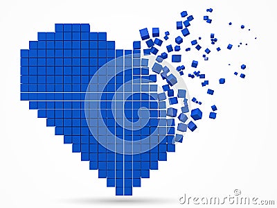 Heart shaped, dissolving data block. made with blue cubes. 3d pixel style vector illustration. Vector Illustration