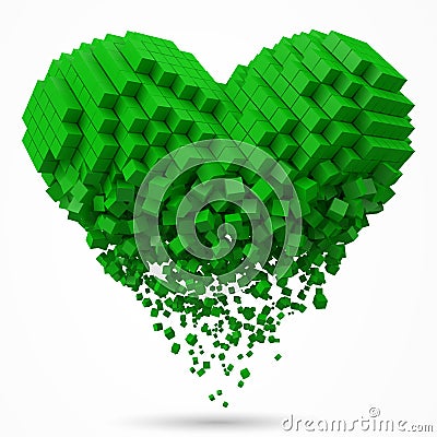 Heart shaped, dissolving data block. made with green cubes. 3d pixel style vector illustration. Vector Illustration