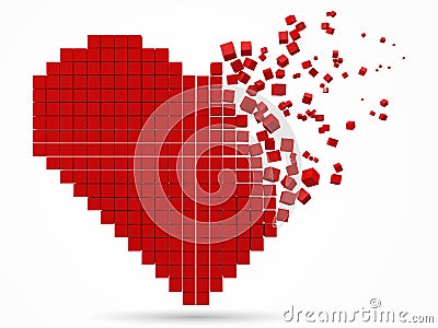 Heart shaped, dissolving data block. made with red cubes. 3d pixel style vector illustration. Vector Illustration