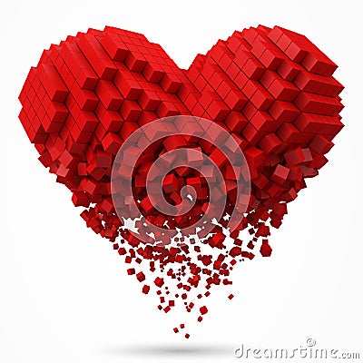 Heart shaped, dissolving data block. made with red cubes. 3d pixel style vector illustration. Vector Illustration