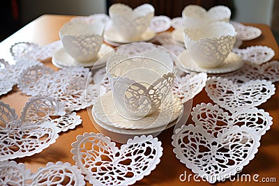 Heart-shaped doilies on a dining table. AI Generated Stock Photo