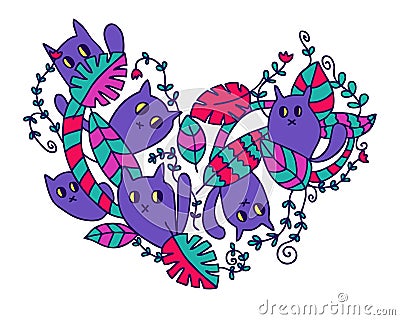 Heart shaped doodle pattern with cute cats in the jungle. Love for pets concept. Bright colors. Hand drawn vector illustration Vector Illustration