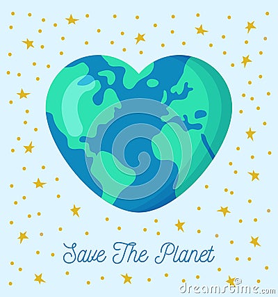 Heart shaped Earth. Save the planet. Vector Illustration