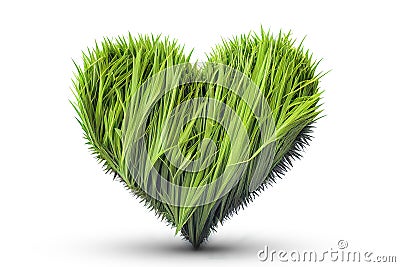 Heart-shaped figurine made of bright green grass, set against a white background. serves as a symbolic representation of Stock Photo