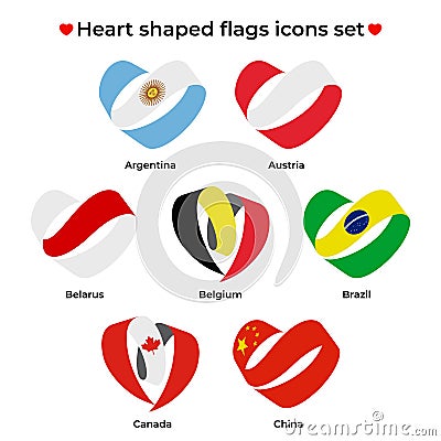 Heart shaped flags icons set. Icon flag from Ribbon curls. Vector icon, symbol, button. Illustration in flat style Vector Illustration