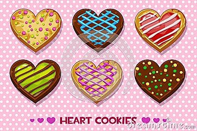 Heart shaped Gingerbread and chocolate cookies with multi-colored glaze, set Happy Valentines day Vector Illustration