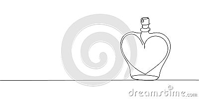 Heart shaped glass bottle continuous line drawing. One line art of perfume, eau de toilette, tester, spray, aroma, pheromones, Vector Illustration