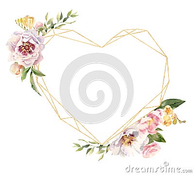 Heart shaped golden frame decorated with handpainted watercolor flowers Stock Photo