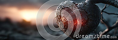 A heart-shaped ice fragment dangles from a tree limb against a backdrop of sunlight filtering through clouds Stock Photo