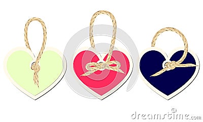 Heart shaped labels tied up with realistic linen twine ribbon an Cartoon Illustration