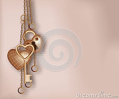Heart shaped lock, key and ring Vector Illustration