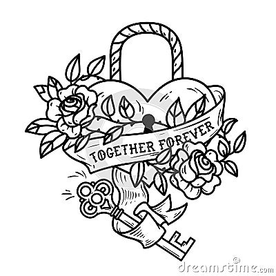 Heart shaped lock. Tattoo heart under lock and key Vector Illustration