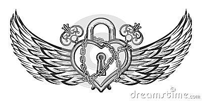 Heart Shaped Lock with Wings Cartoon Illustration