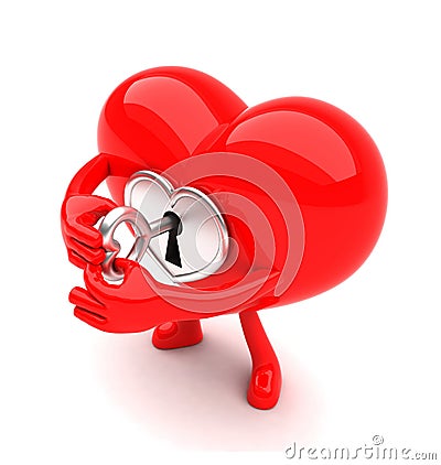 Heart shaped mascot unlocking itself Stock Photo