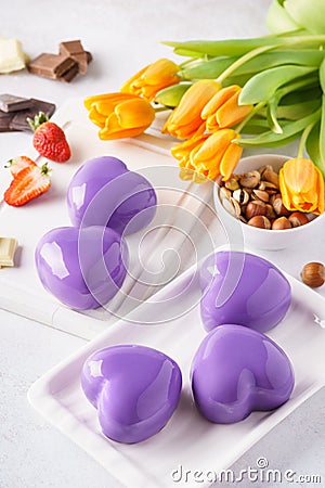 Heart shaped mousse cakes for a romantic Valentines day. Stock Photo