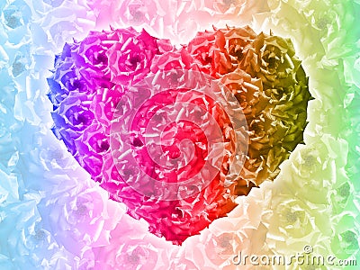 Heart shaped multi colored rose on multi colored rose background, nature, valentine, love,template,copy space Stock Photo