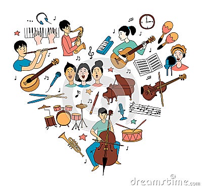 Heart-shaped musical pattern and children musicians with musical instruments Vector Illustration
