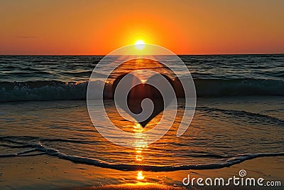 Heart-shaped Object Floating in Ocean at Sunset, A sunset view from a beach, the sun setting in a heart-shaped silhouette, AI Stock Photo