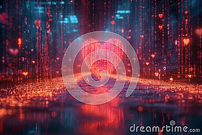 heart-shaped pixels and binary code. The AI Cupid could be connecting two people Stock Photo