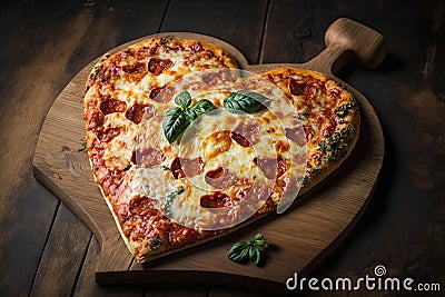 a heart-shaped pizza with melted cheese and a steamy crust, resting on a wooden board. Stock Photo