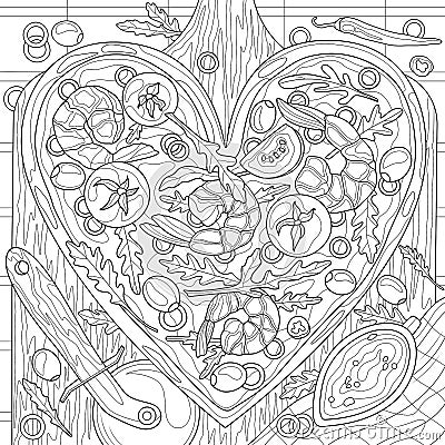 Heart shaped pizza with shrimps.Coloring book antistress for children and adults. Illustration isolated on white Vector Illustration
