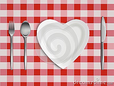 Heart shaped plate, fork, spoon and knife top view Vector Illustration