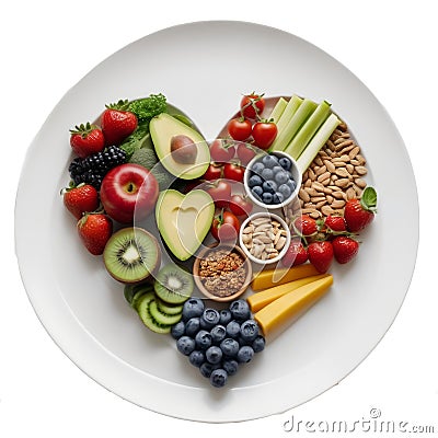 Heart shaped plate full of healthy foods Stock Photo
