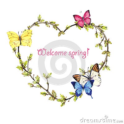 Heart shaped spring wreath from twigs, young foliage and butterflies Stock Photo