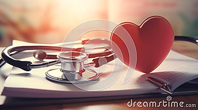a heart - shaped stethoscope resting on a medical report, AI-Generated Stock Photo