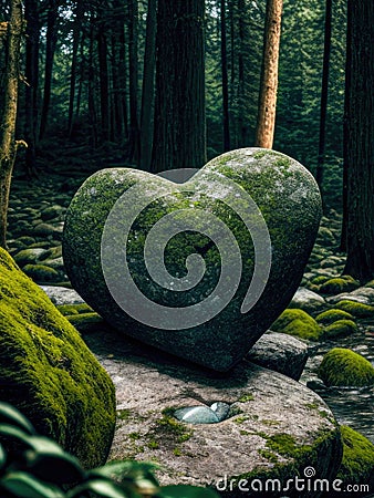 Heart-shaped Stone with moss, on top of a rock in the middle of a forest with trees. Stone of love. Generative AI Stock Photo