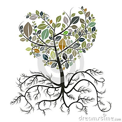 Heart Shaped Tree with Roots Isolated Vector Illustration